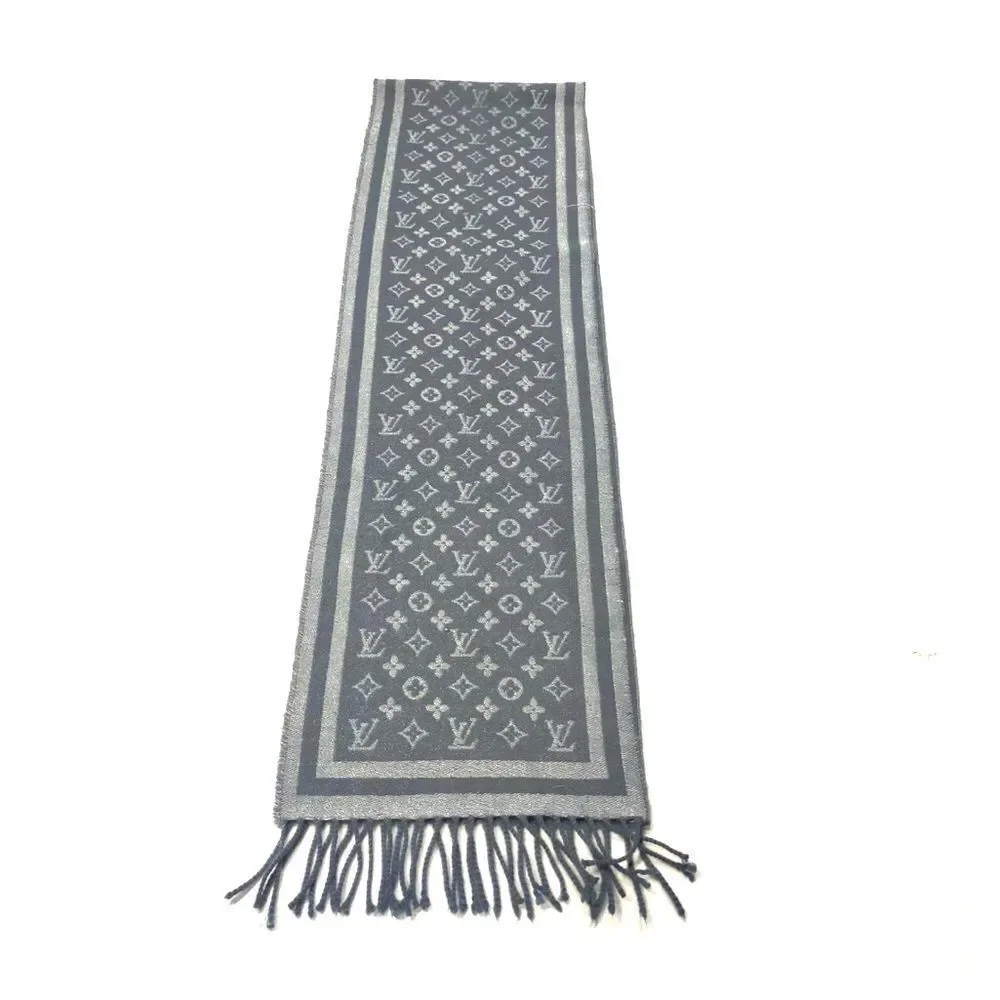 Auth Louis Vuitton Gray Wool Cashmere Blend Monogram Scarf Muffler Neckwarmer - Picture 3 of 9